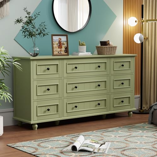 Image of Scurrty Green 9 Drawer Dresser, Large Chest of Drawers for Closet Storage | Large Capacity, Farmhouse Dresser for Closet, Wood Storage Cabinet, Antique Roman Column Legs, Painted Finish, Easy Assembly