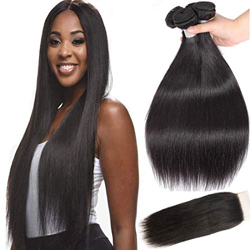 BLISSHAIR Meches Bresiliennes lisse avec Closure Perruque 3 Tissage Bresilien en lot avec Closure Cheveux Humains Hair Naturel 14"16"18" + 14" Closure