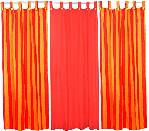 Image of Cotton Stripe and Solid Tab Top Loop Curtains Button Type Combo of 3 Pieces. (Orange Multi, 4 x 5 ft - Window Curtain)