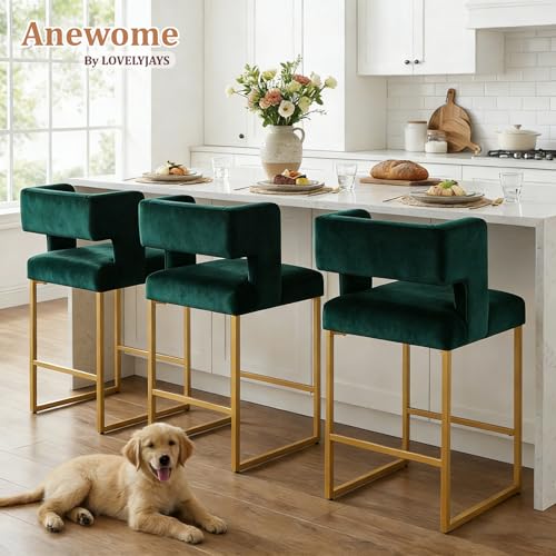 Image of Counter Height Bar Stools Set of 2, Green Velvet Bar Chair Gold Leg | 26 inch Seat Height Fits Standard Kitchen Islands, Upholstered Barstools, Back Support, Square Metal Legs, Footrest