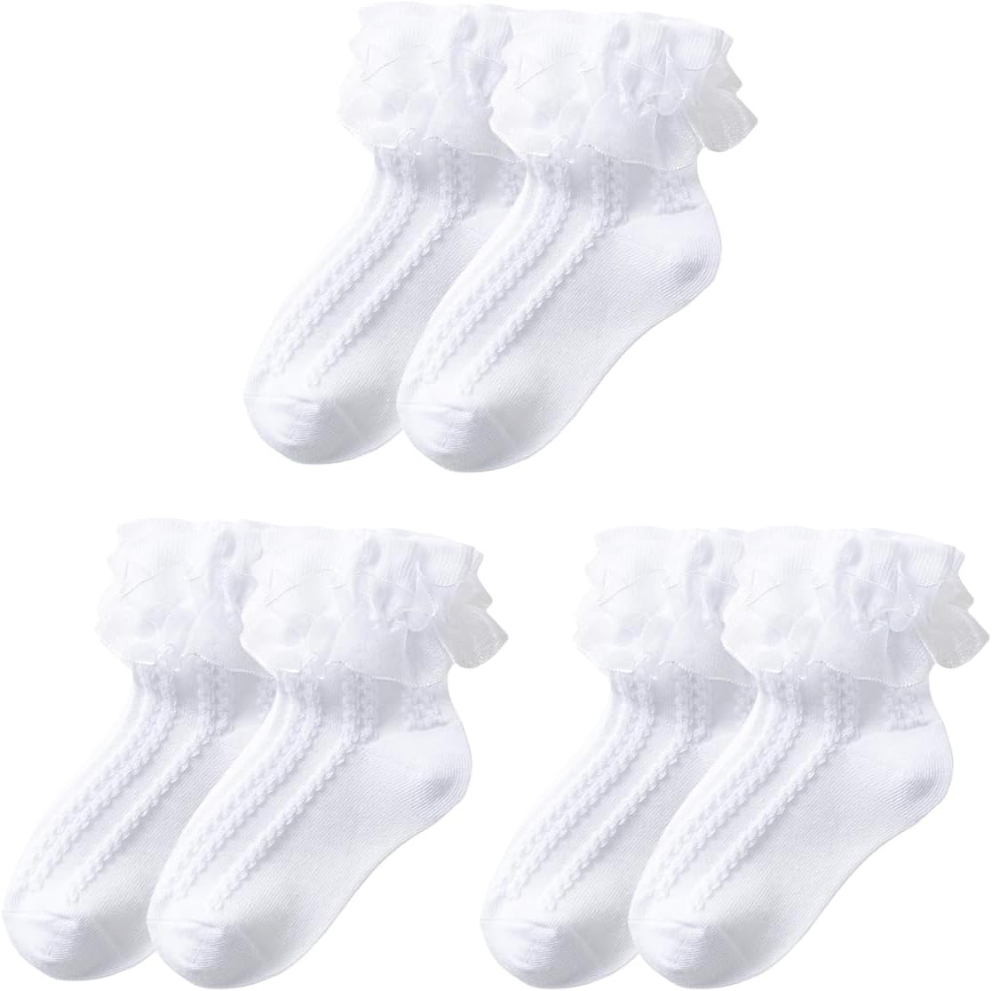 3 Pairs Girls Lace Ruffle Cotton Socks Frilly Ankle Socks White Princess Dance Dress Socks
