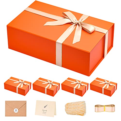 Image of LIFELUM Christmas Gift Boxes 13.85 x 8.35 x 4.45 inch 5 Pack Gift Boxes with Lids Contains Card, Ribbon, Shredded Paper Filler (Orange)