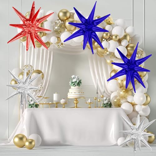 Image of Star Balloons, 22 Inch Blue Red and Silver Star Balloons 6PCS Explosion Foil Balloon Starburst Balloon for Birthday Party Wedding New Year 4th of July Independence Day USA Patriotic Party Decor