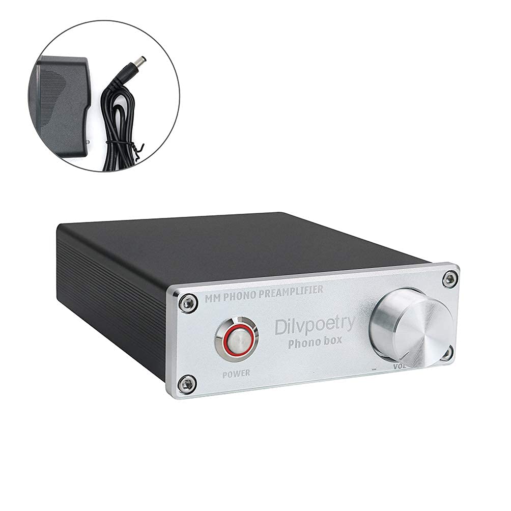 Dilvpoetry Phono Box MM Phono préampli pour Platine Vinyle préamplificateur Audio phonographe préampli Phono amplificateur Mini amp(Argent)