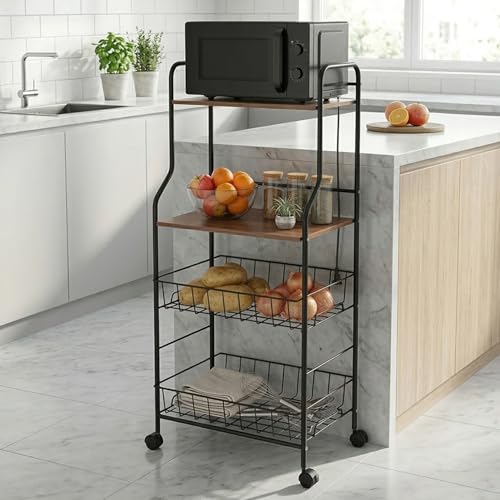 Image of Lukzer 4-Tier Kitchen Storage Rack & Microwave Oven Stand with Wheels Engineered Wood Shelf & Metal Wire Basket Rolling Cart for Kitchen Pantry & Home Organizer (Black & Oak Brown /41x56x126cm) CH-092