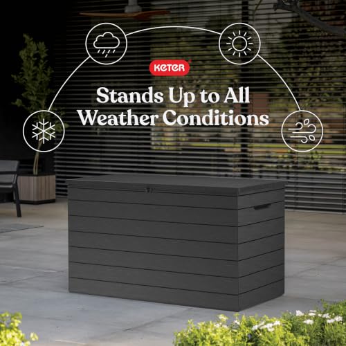 Image of Keter Astoria 150 Gal Outdoor Storage Box for Patio and Pool Accessories | Grey, Resin, Large, Weatherproof, Lockable, Hydraulic Pistons, Easy Assembly, Organization, Patio Cushions Storage