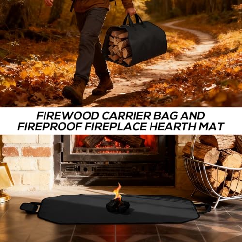PAWBOSE Fireproof Fireplace Mat Hearth Rug and Firewood Carrier Firewood Bag, Great Gift for Cabin, Large Fire Wood Sling Carrier with Handles, Protect Floors Carpets from Sparks Embers-Black