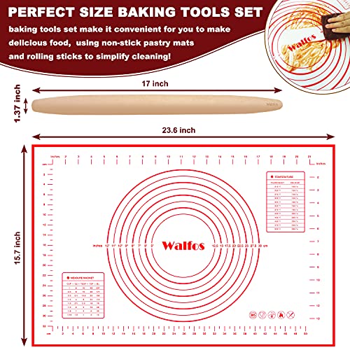 Walfos French Rolling Pin And Silicone Baking Mat Set, Non-Stick Beech Wood Rolling Pin 17 Inch And Pastry Mat For Best Pie Crust, Cookie, Pasta And Pizza Dough #TOP4