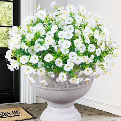 MARTINE MALL 12 Bundles Look Real Artificial Flowers for Outdoors Realistic Fake Outdoor Flowers UV Resistant Silk Petunia Flowers for Outside Faux Flowers Plants for Outdoor Porch White