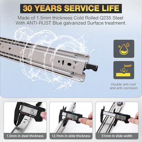 YENUO Heavy Duty Drawer Slides Full Extension with Lock Side Mount 14 16 18 20 22 24 26 28 30 32 34 36 40 Inch Metal Ball Bearing Rails Track Guide Glides Runners 80 Lbs 1 Pair (with Lock, 30 inch) by YENUO - Image 5
