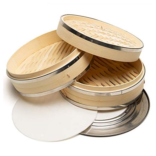 Bisou du Nord 10” Bamboo Steamer Basket Cooking Set - 2 Layers | with Steamer Ring Adapter & 50pcs Dumpling Steamer Paper Liners