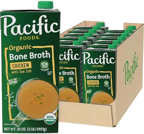 Pacific Foods Organic Chicken Bone Broth with Sea Salt, 32 Fl Oz (Pack of 12)