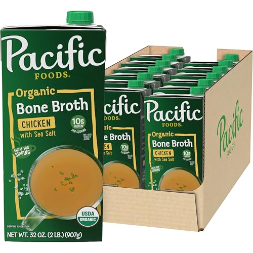 Image of Pacific Foods Organic Chicken Bone Broth with Sea Salt, 32 Fl Oz (Pack of 12)