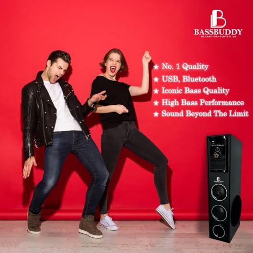 Image of BASSBUDDY Single Bluetooth Tower Speaker Music System for Home TS 50 - Wooden Cabinet Subwoofer Echo Sound - 100W Home Theater - Remote Controlled Display - Support FM, Karaoke,AUX, USB.