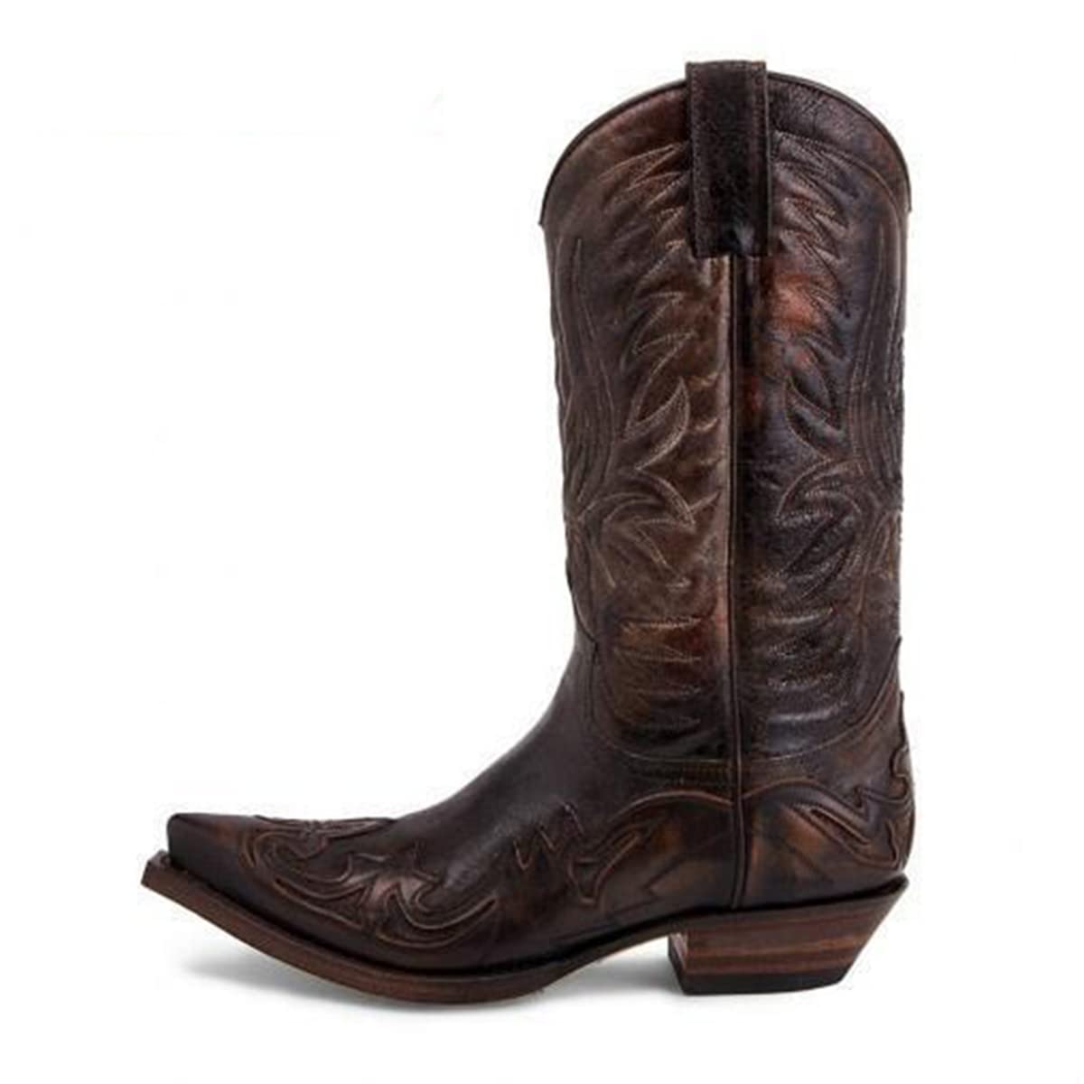 PEKMAR Stivali da Moto da Cowboy Vintage da Uomo, Scarpe da Cavaliere Vintage in Pelle PU Stivali da Moto con Tacco Medio a Punta Stivali Occidentali Casual,Marrone,44