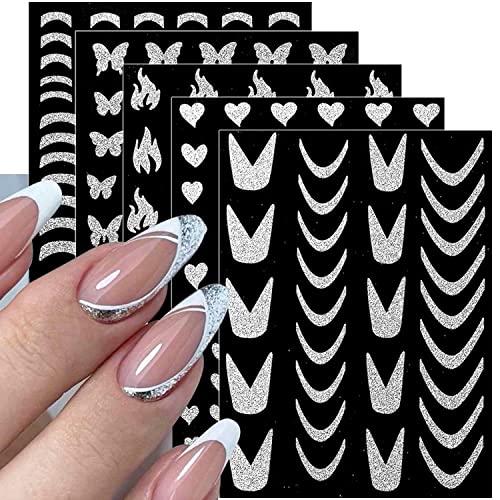 Ktaabtr Nail 10 Sheets Silver Nail Art Stickers Glitter Silver Nail Design Silver French Tips Butterfly Line Heart Star Bear Nail Decals For Women Girls Butterflies French Nail Decoration Stickers #TOP13