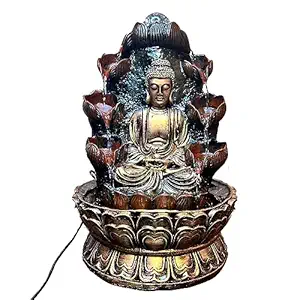 Water Fountain for Home Decor Double Cascade Meditating Buddha Electric Water Fountain Brown Diya 40.6cm