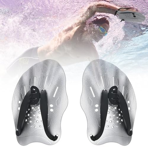 KEUGT Swim Training Paddles - Swimming Hand Fins - Silver, PP Plastic & Silicone Rubber, Adjustable Strap, Swimming Accessories, Adult & Children, Unisex