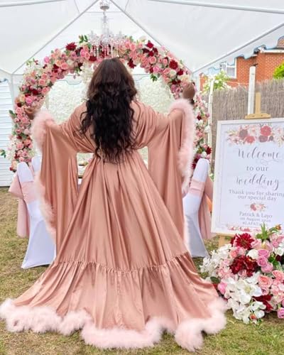 Changuan Feather Bridal Robe Silk Satin Robes Old Hollywood Long Nightgown Lingerie Bathrobe Sleepwear Maternity Photoshoot4