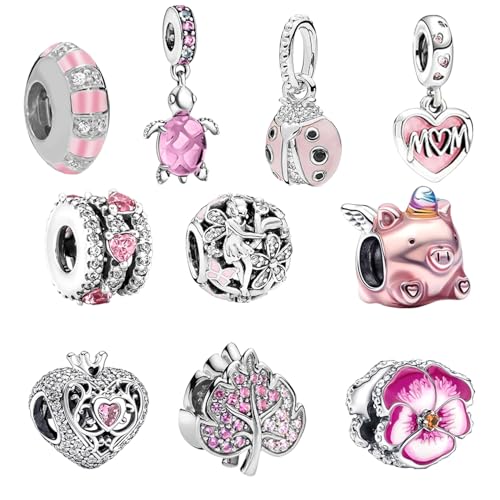 10 piezas de cuentas espaciadoras con dijes para hacer pulseras, colgantes rosas para hacer joyas, dijes pulidos para pulseras Pandora, regalos de joyería para mamá, niñas, adolescentes y familiares