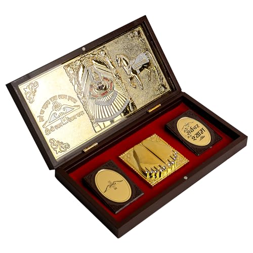 Image of 24K Gold Coated Khatu Shyam Baba | khatu Shyam ji Photo Frame | Charan Paduka Box for Pooja | Decorative Showpiece | Devotional Prayer Box | Wedding Gifts & House Warming | Diwali Gifts