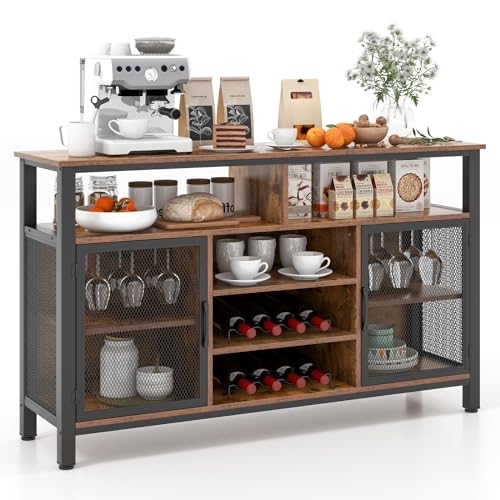 COSTWAY 2 en 1 Mueble Bar de Vinos, Aparador Buffet de 140 CM para 8 Botellas y 6 Filas de Soportes para Vino, con Puertas de Malla Metálica, para Cocina, Comedor y Sala de Estar, Marrón y Negro