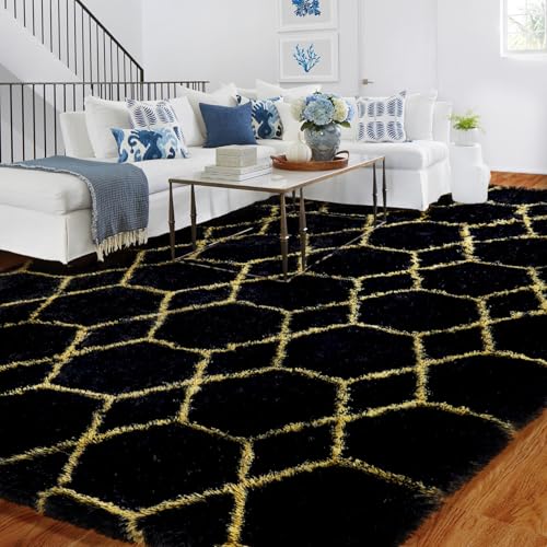 BYBSRLL Tapis à poils longs Noir et Or pour le salon 150x210 Antidérapant Lavable Grand Doux Flannel Chambre à Coucher pour Fille et Garçon, Tapis à poils...