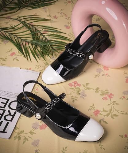 Image of JM LOOKS Women's Elegant Block Heel Slingback Pumps with Decorative Chain and Pearl Accent Detail Straps