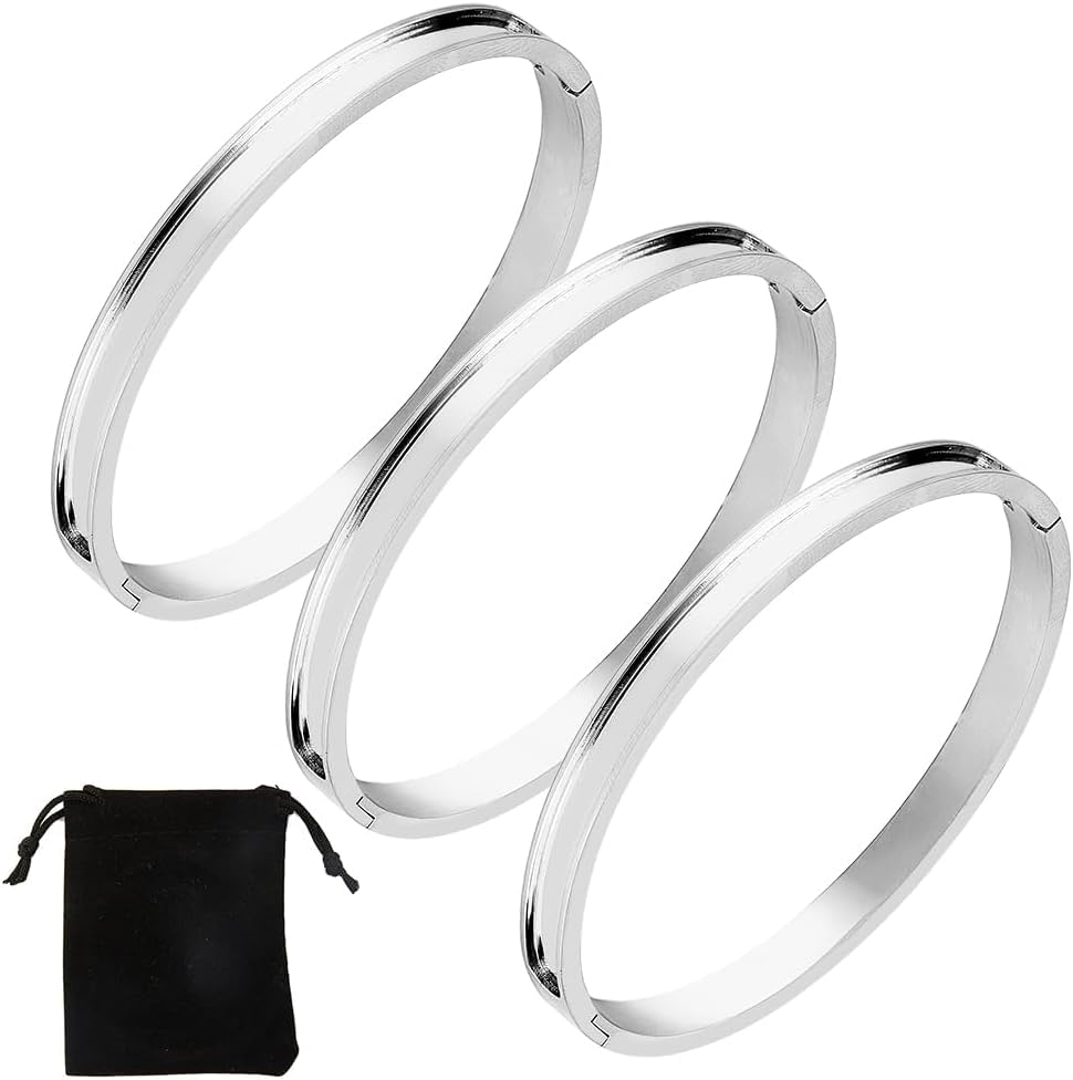 3Pcs Egg Shaped Bangles Stainless Steel Grooved Bangles Blank Bracelet For Inlay Grooved Hinged Bracelet Stainless Steel Leather Inlay Bracelets for DIY Jewelry Making Craft