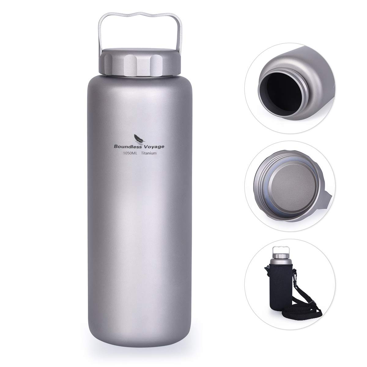 iBasingo Ti3006D Bottiglia in Titanio da 1050 ml Tazza da Campeggio con Apertura Larga Bottiglia per Acqua Portatile Leggera per Escursionismo, Picnic, Singolo Strato Con Manico