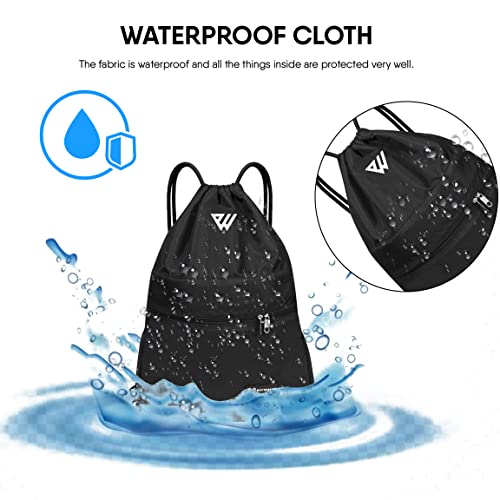 WESTWOOD FOX WFX Tasche mit Kordelzug, wasserdicht, Sport, Fitnessstudio, Rucksack für Damen und Herren, PE-Beutel, Außentasche, Reißverschluss, Schule, Strand, Urlaub, Schwimmen (Black)
