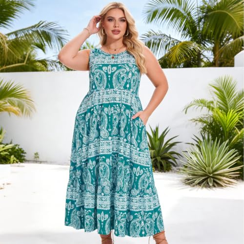 Image of Moon Wood Women's Plus Size Sleeveless Summer Dress Crewneck Tank Casual Flowy Maxi Dress with Pockets Vacation Outfits