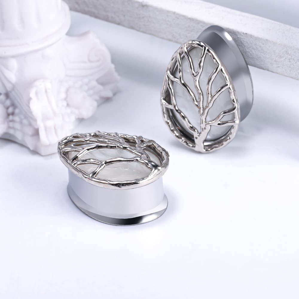 PUNKYOUTH 2PCS Teardrop Pearl Shell Ear Gauges Saddle Tunnels Double Flared Plugs Life Tree Elegant Stainless Steel Expander Stretcher Earrings For Women Guage 0g-1"