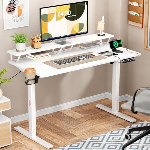 Image of Lukzer Electric Height Adjustable Desk with Monitor Riser USB & Type-C Work from Home Ergonomic Sit-Stand Table with Advanced Memory Preset 1200 x 600 Top - 1 Year Warranty (EST-004 /White & White)