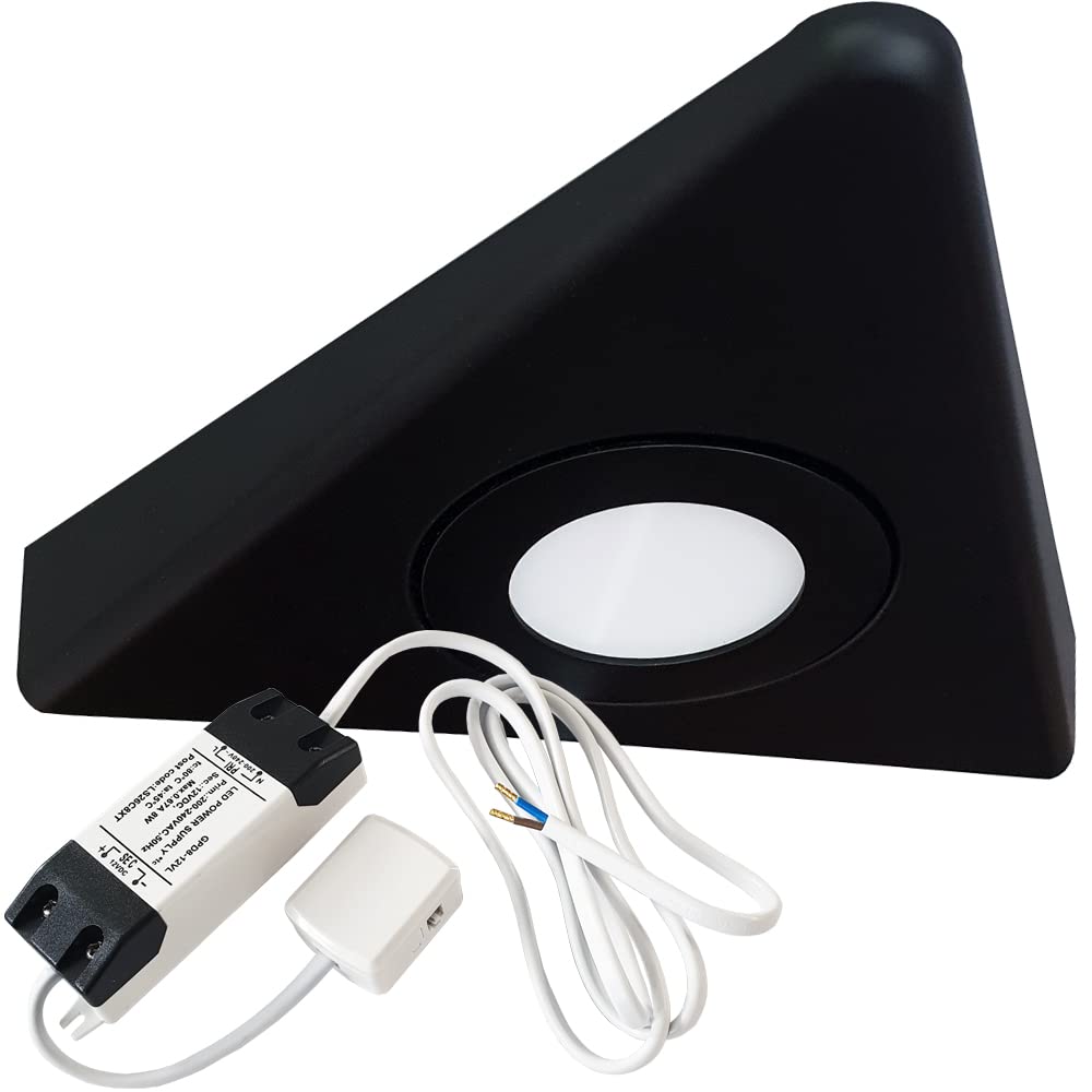 Loops Matt Black Bezel Modern Triangle Under Cabinet Kitchen Light & Driver Kit – Smooth Diffused Led – Slim Pyramid Worktop Light – Low Profile Surface Mounted (1X Light & Driver, Natural White Led, )