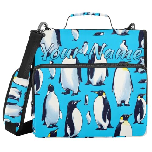 Image of Custom 3 Ring Zipper Binder Penguin Animal Blue Ocean Personalized Name 1.5 Inch Binders Large Capacity Multi Pockets for School Office Supplies