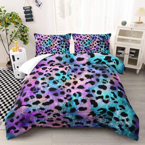 Image of AILONEN Black Leopard Comforter Set Full Size, Leopard Print Galaxy Tie-Dye Bedding Set,Cheetah Wild Animal Printed Comforter with 2 Pillowcases,3Pcs