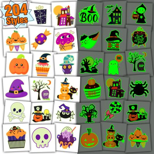 Partywind 204 PCS Individually Wrapped Sheets Glow Halloween Tattoos for Kids Party Decorations, Luminous Pumpkin Tattoo Stickers, Kids Halloween Treats, Party Supplies