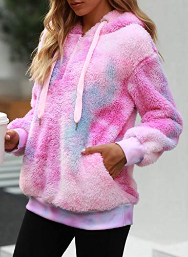 Nirovien Womens Sherpa Pullover Tie Dye Fuzzy Hoodie Double Fleece Sweatshirts Fluffy Oversized Plaid Outerwear(Pink,3Xl) #TOP1