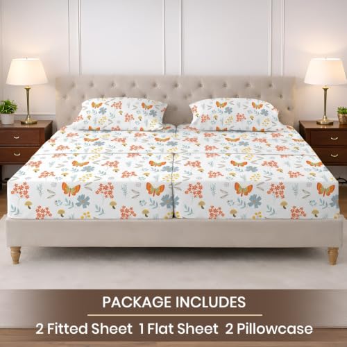Image of SGI Split King Sheet Set for Adjustable Bed Egyptian Premium Cotton 600 Thread Count Sheets for Sleep Number Bed 15 inch Deep Pocket 5 Pc Set with 2 Twin XL Fitted Sheets Soft Breathable -Butterfly Garden