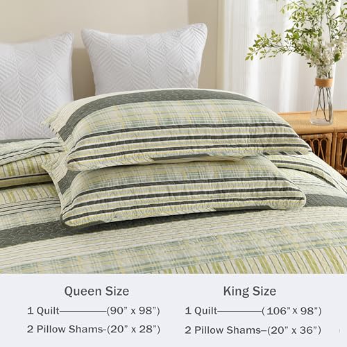 Image of Homzard 100% Cotton Quilt King Size, Green Yellow Striped Plaid Quilt Bedding Set,Olive Green Lightweight Soft Farmhouse Bedspread Coverlet,Summer Spring Lightweight King Size Comforter Set 3 Pieces