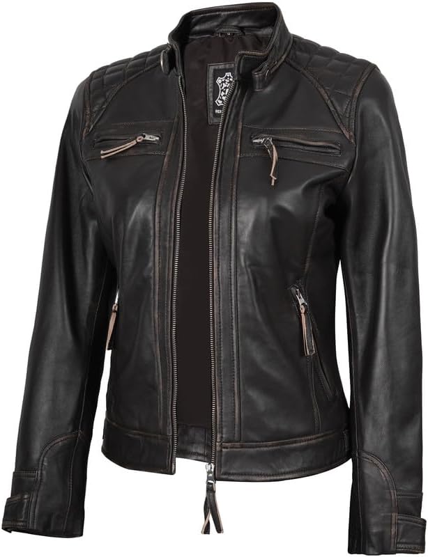 Decrum Real Womens Leather Jacket - Cafe Racer Style Leather Jackets for Women