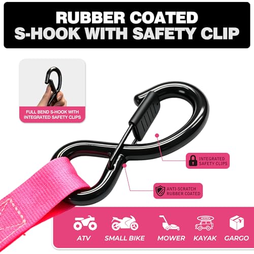Image of Retractable Ratchet Straps 1 inch x 13Ft, Heavy Duty Self Retracting Tie Down Straps, 1800lb Break Strength Auto Retract Cargo Straps for Truck, Trailer, Motorcycle, ATV, UTV, (Pink, 4 Pack)