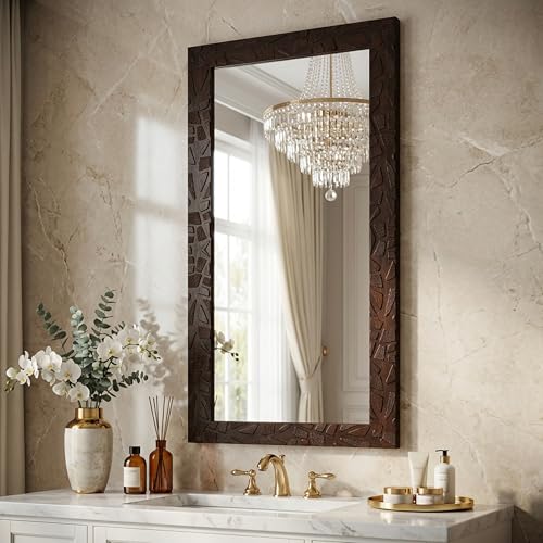 Image of Amazon Basics Synthetic Framed Exquisite Rectangular Wall Mirror | Versatile Usage for Living Rooms, Bedrooms| Standard Trim (Brown) | 15 Inch X 39 Inch