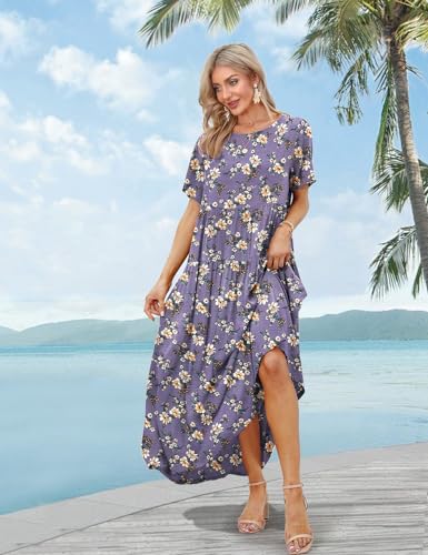 Image of YESNO Women Casual Loose Bohemian Floral Dress with Pockets Short Sleeve Long Maxi Summer Beach Swing Dress EJF