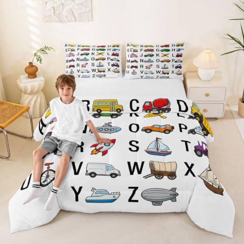 Image of Feelyou Excavator Kids Comforter Fire Truck Police Car Boys Comforter Set Helicopter Motorcycle Ambulance Toddler Bedding Set Alphabet Vehicle Cars Quilt Set Decor with 1 Pillowcase 2Pcs Bedding Twin