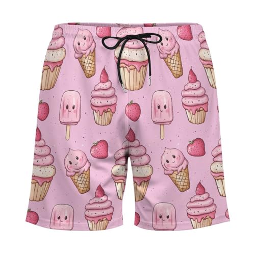 Strawberry Cupcakes and Ice Cream Mens Swim Trunks with Quick-Drying Lining Beach Shorts for Outdoor Sports3