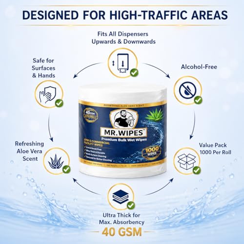 Image of MR. WIPES Premium Bulk Wet Wipes - 1000 Count per Roll (4 Rolls), Gym & Fitness Equipment, Commercial Use, 8 inch x 6 inch Sheet, Pro Series 40 GSM
