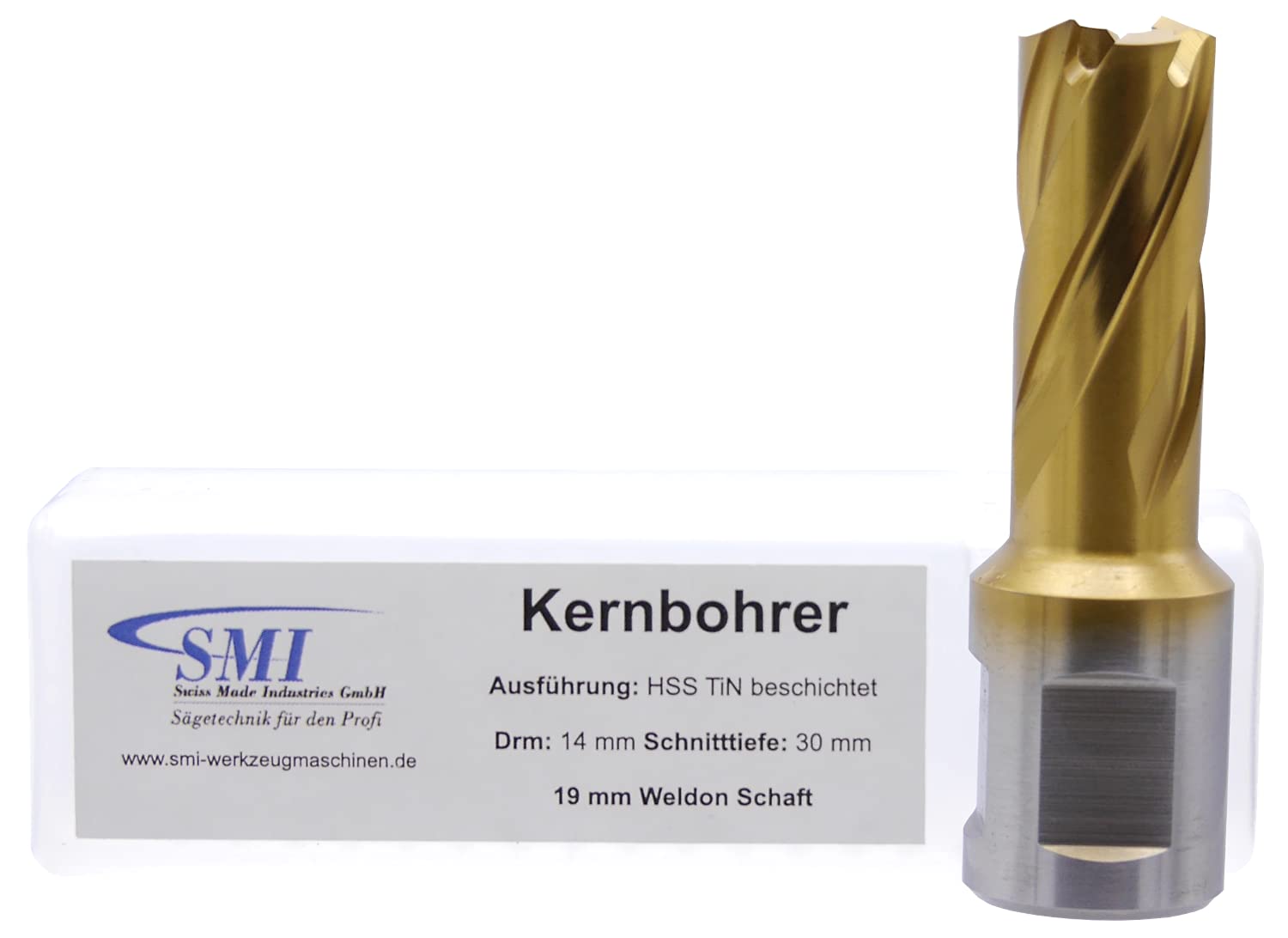 SMI HSS TiN Kernbohrer 14 mm Drm. Schnitttiefe 30 mm, Aufnahme 19 mm Weldonschaft