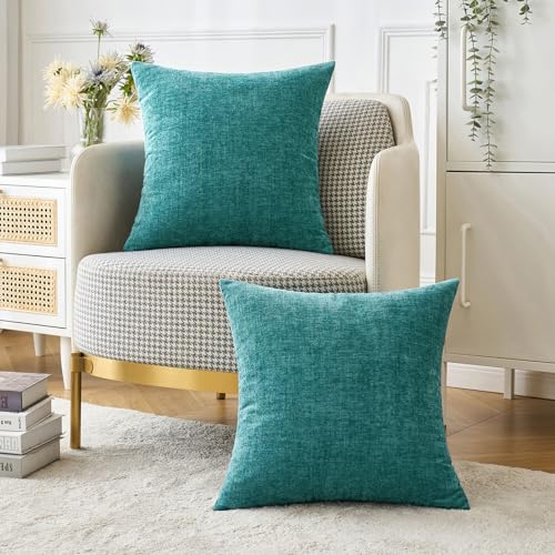 Image of MIULEE Pack of 2 Couch Throw Pillow Covers 26x26 Inch Soft Teal Chenille Pillow Covers for Sofa Living Room Solid Dyed Pillow Cases
